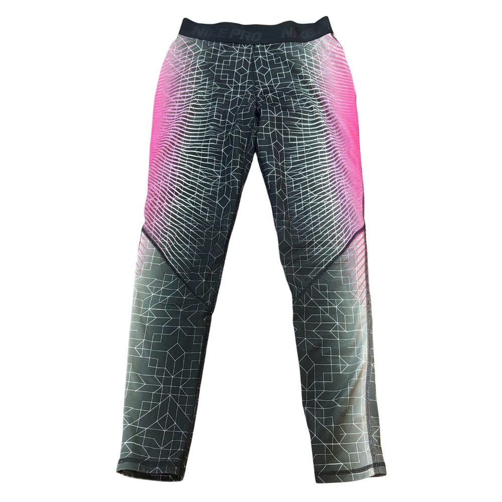 Nike Pro Women Medium Pink Black Grey Geometric Gradient Athletic Leggings